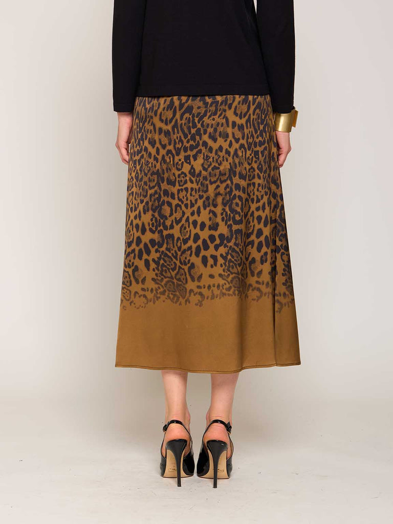 Gonna midi in raso animalier sfumata cuoio