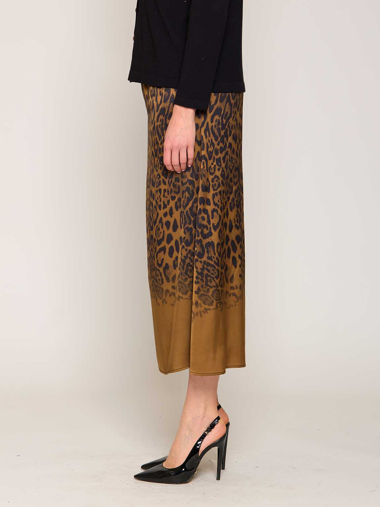 Gonna midi in raso animalier sfumata cuoio