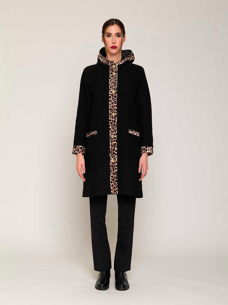 Cappotto in lana cotta con profili in velluto animalier