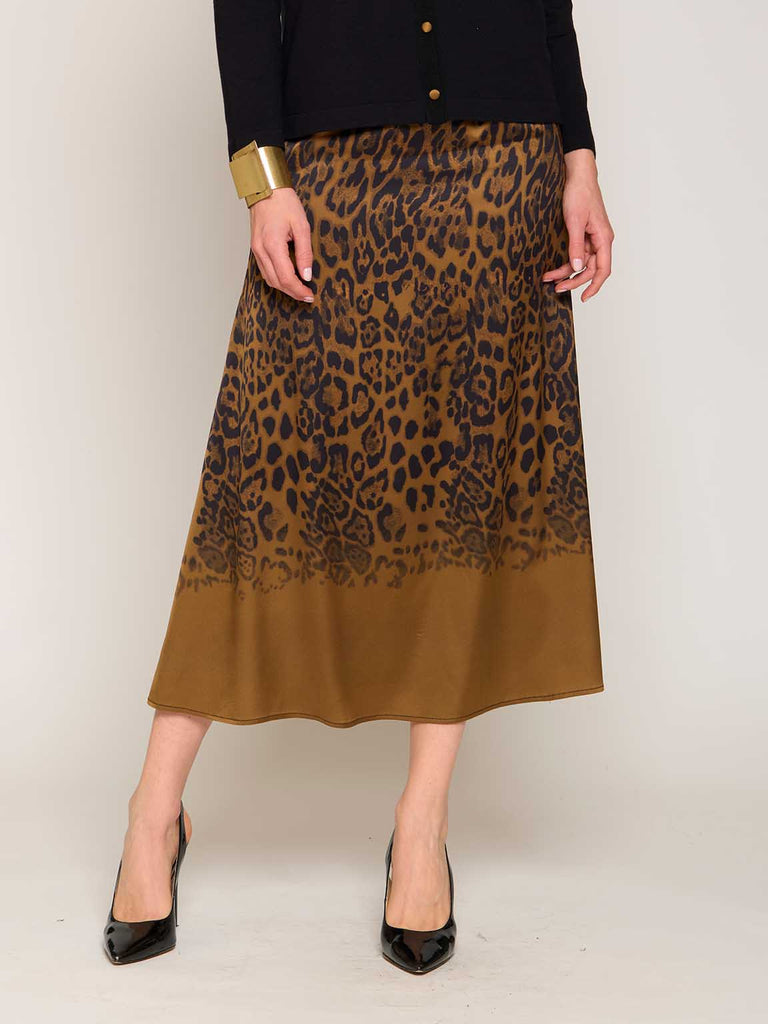 Gonna midi in raso animalier sfumata cuoio