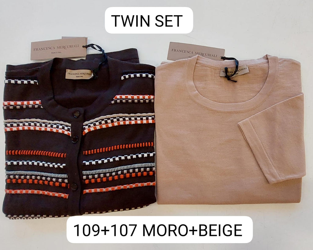 Twin set in pura lana con intarsio multicolor