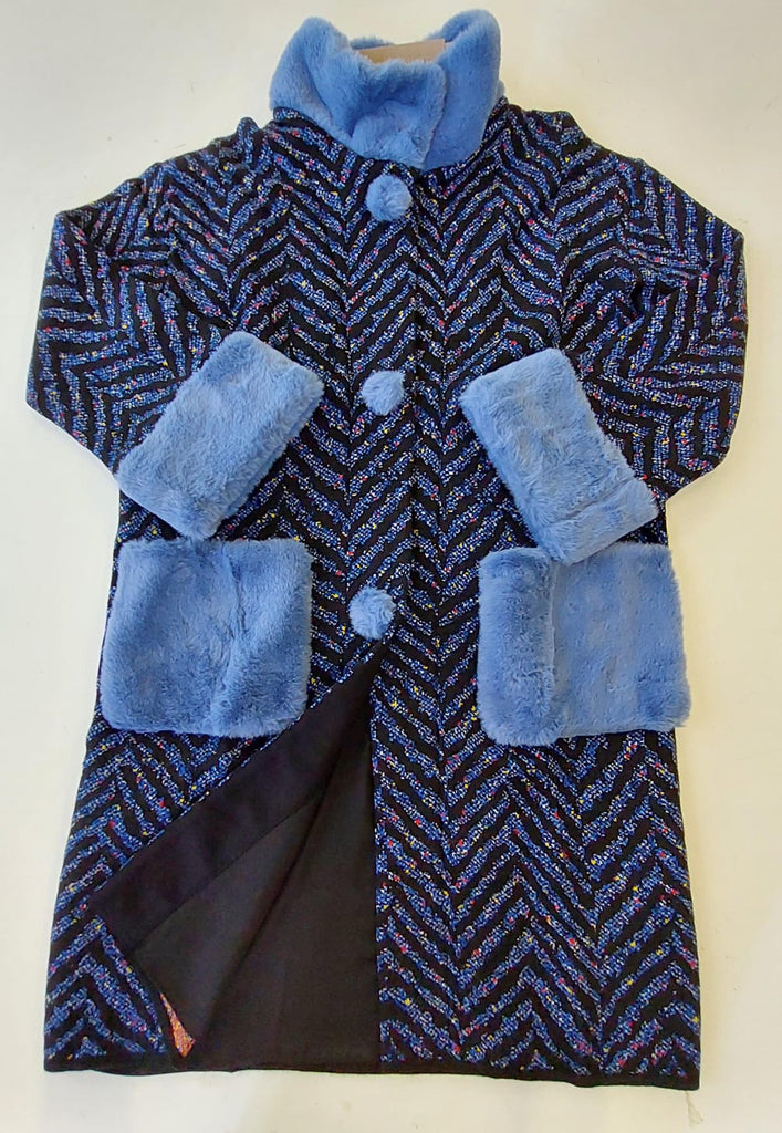 Cappotto in misto lana lavorazione jacquard ecopelliccia
