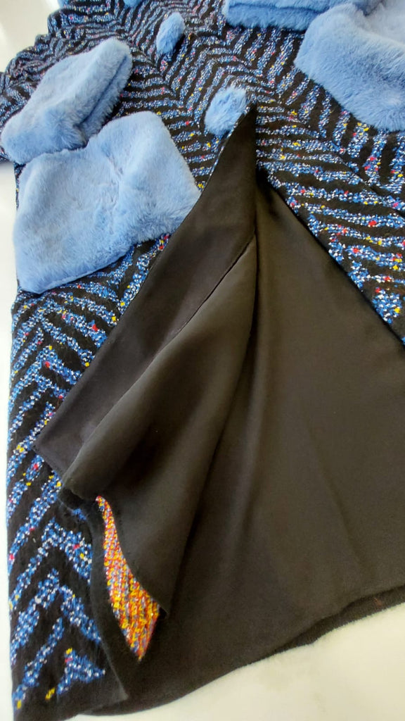 Cappotto in misto lana lavorazione jacquard ecopelliccia