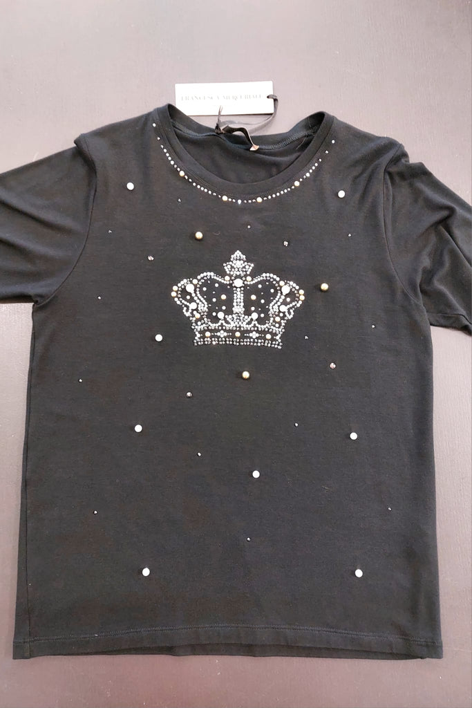 T-shirt in viscosa con strass e perle